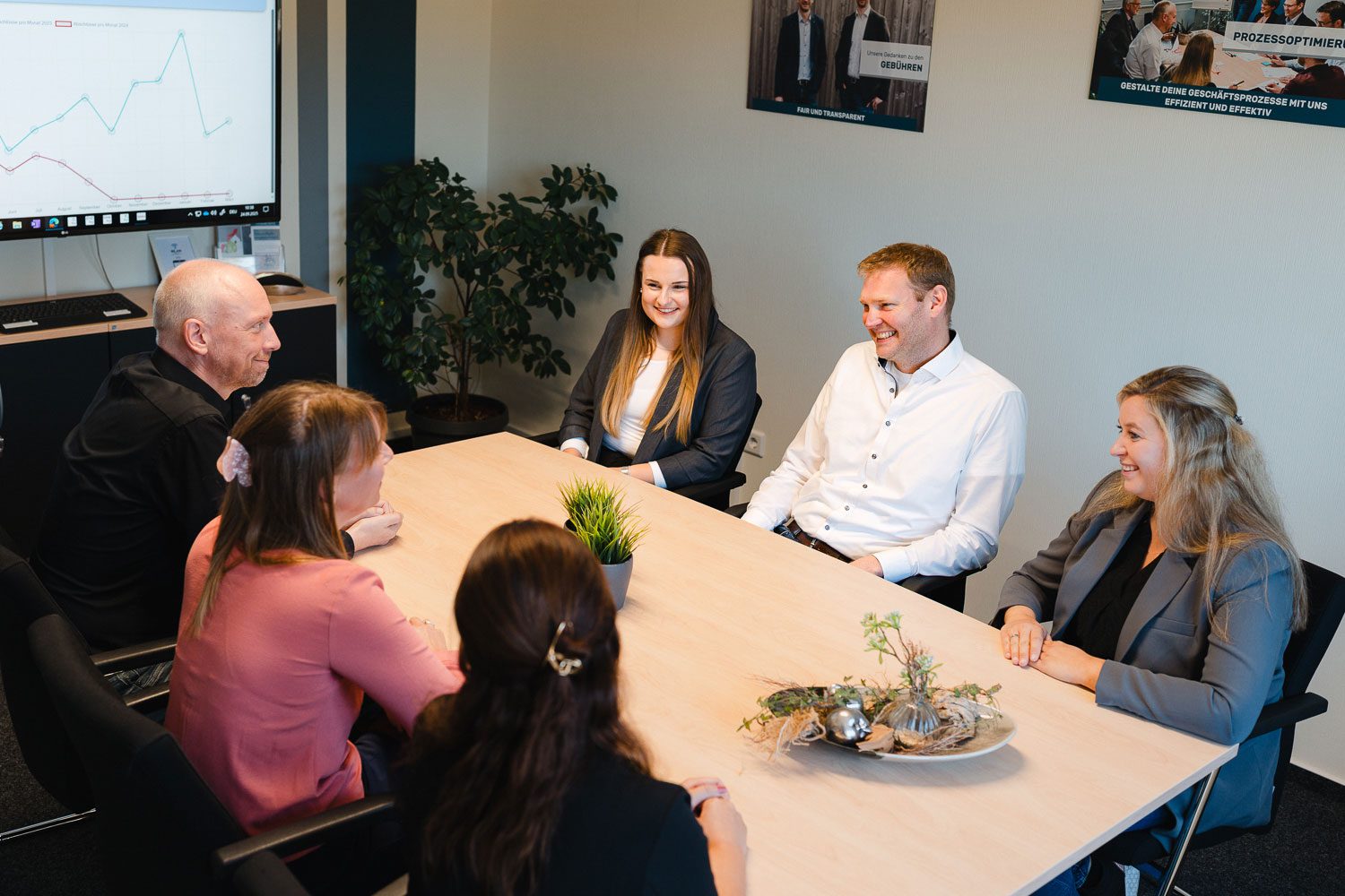 Mitarbeiter der Kanzlei Lotz und Partner sitzen zusammen am Besprechungstisch